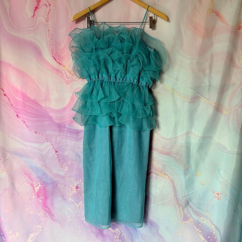 Themes 4 Avantgarde Teal Ruffled Midi Dress Vintage Coquette Girly Retro Artsy